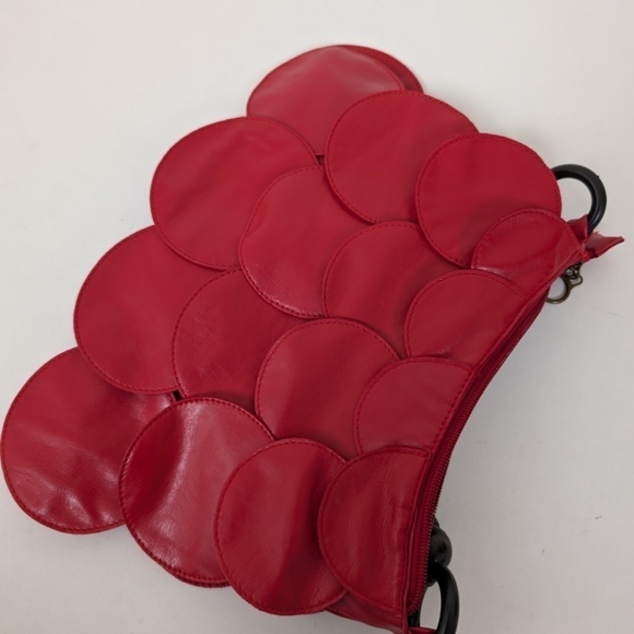 Scalloped Shoulder Bag Purse Handbag Beaded Faux Leather Pleather Cherry Red - Picture 3 of 10